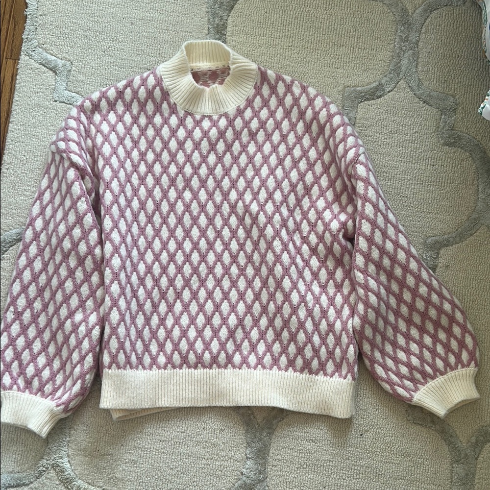Cream and Pink Cowl Neck Sweater with Geometric Pattern